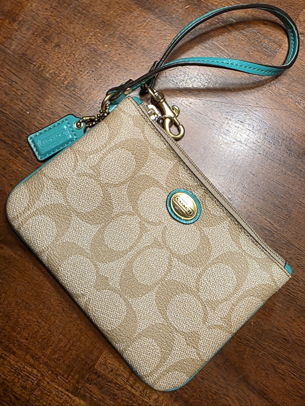 Coach Teal Green & Khaki Signature Zip Wristlet Handbag 6x4 Wallet Purse